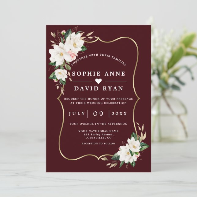 White Magnolia Deep Burgundy All In One Wedding   Einladung (Stehend Vorderseite)