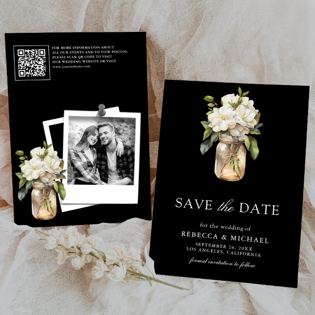 White Magnolia Floral Black QR Code Wedding Foto Save The Date (Von Creator hochgeladen)
