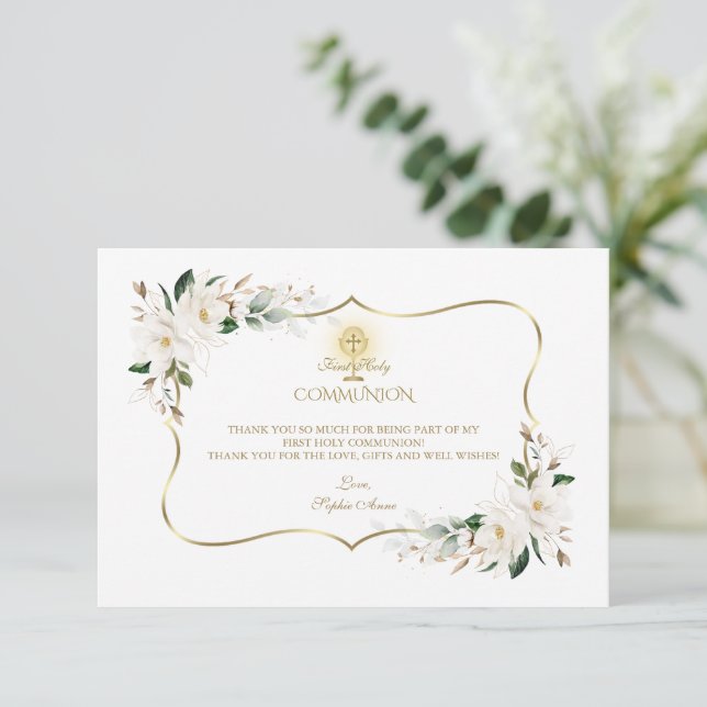 White Magnolia Floral First Heilige Kommune Dankeskarte (Stehend Vorderseite)