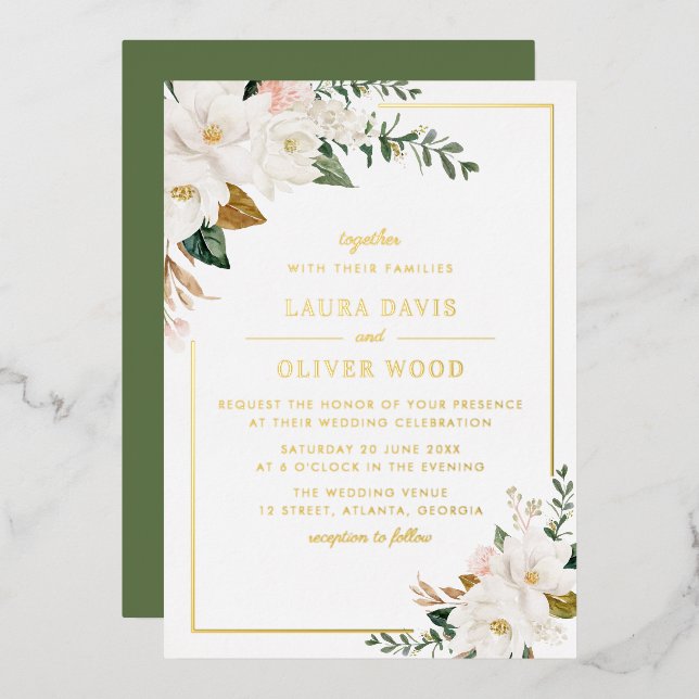 White magnolia floral wedding invitation gold folieneinladung (Vorderseite/Rückseite)