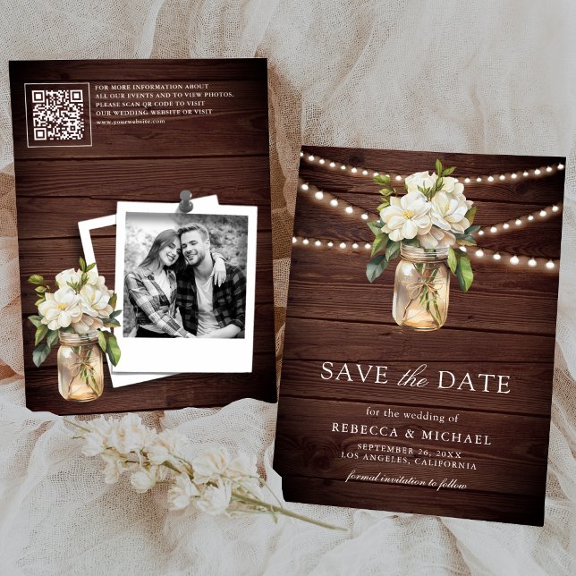 White Magnolia Floral Wood QR Code Hochzeitscodier Save The Date (Von Creator hochgeladen)