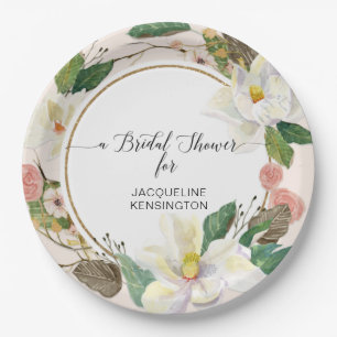 White Magnolia Gold Blush Floral Blätter Pappteller