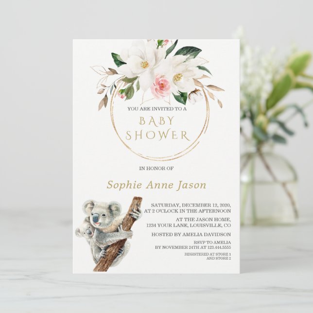 White Magnolia Gold Niedlich Koala Babydusche Einladung (Stehend Vorderseite)