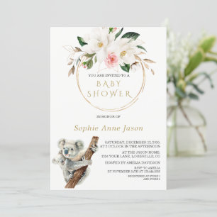 White Magnolia Gold Niedlich Koala Babydusche Einladung