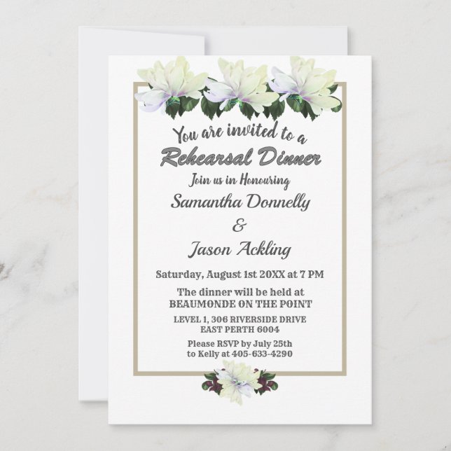 White Magnolia Greenery Hochzeitliches Probe-Dinne Einladung (Vorderseite)