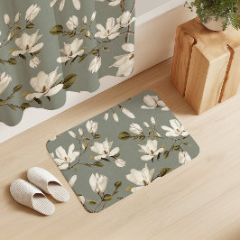 White Magnolia Grove Laurel Green Elegant Floral Badematte