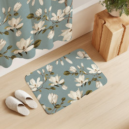 White Magnolia Grove on Duck Blue Elegant Floral Badematte