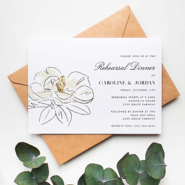 White Magnolia Hochzeit Probe Dinner Einladung (Beautiful Southern-inspired wedding rehearsal dinner invitation with a white magnolia illustration.)