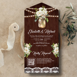White Magnolia Mason Jar Barn Wood QR Code Hochzei All In One Einladung