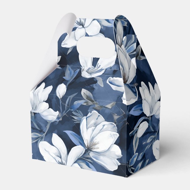 White Magnolia Muster auf Mitternachtschiffon Geschenkschachtel (Vorderseite)