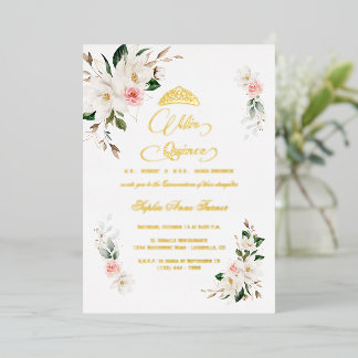 White Magnolia Pink Floral REAL FOIL Quinceañera Folieneinladung