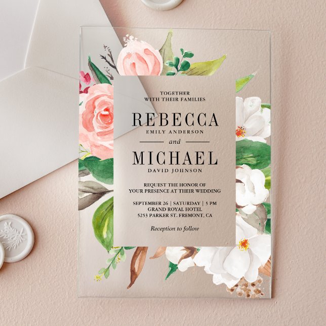 White Magnolia Pink Floral Wedding Acryleinladungen (Von Creator hochgeladen)
