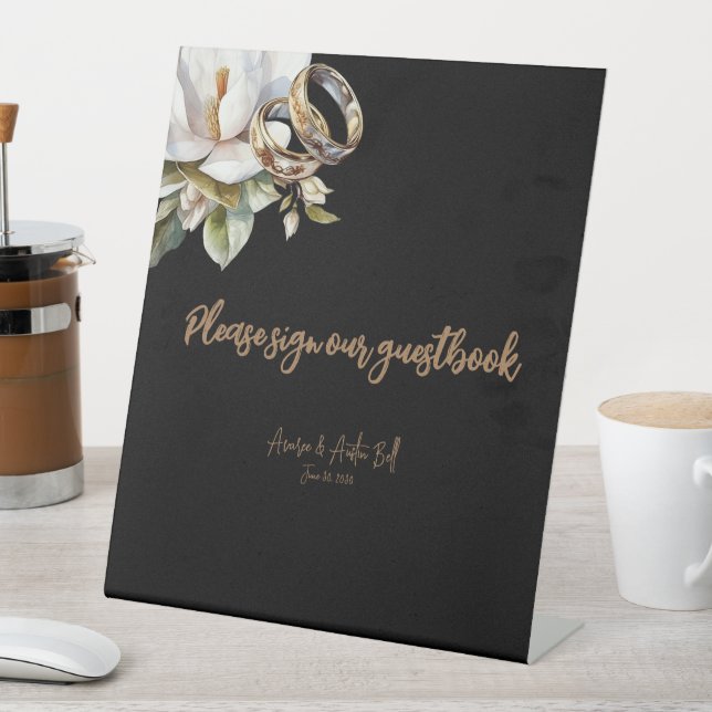 White Magnolia Wedding Rings Sign Unser Gästebuch Sockelschild (In Situ)