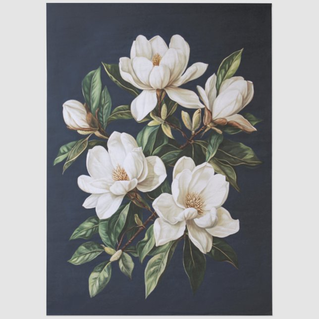 White Magnolias auf Navy Blue Decoupage Seidenpapier (Vorderseite)