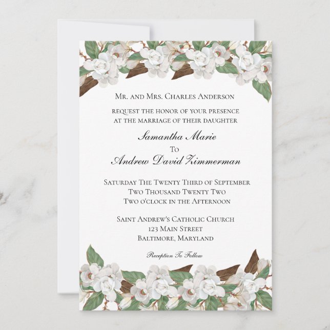 White Magnolias Classic Hochzeit Einladung (Vorderseite)