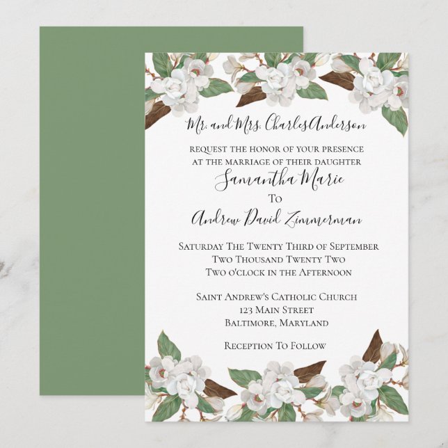 White Magnolias Classic Hochzeit Einladung (Vorne/Hinten)