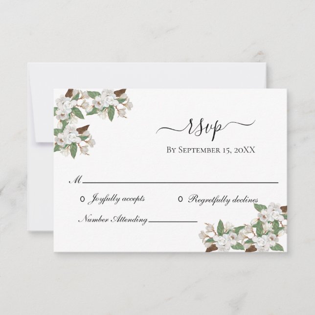 White Magnolias Elegante Hochzeit RSVP Karte (Vorderseite)
