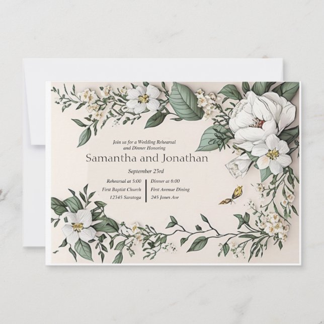 White Magnolias und Butterfly Wedding Probe Einladung (Vorderseite)