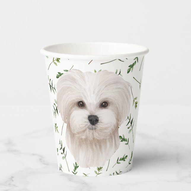 White Maltese Baby Dusche Wasserfarbe Thema Pappbecher (Vorderseite)