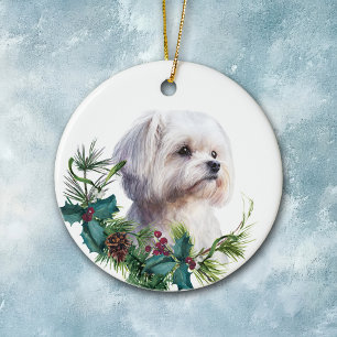 White Maltese Dog Portrait Holly Wreath Keramik Ornament
