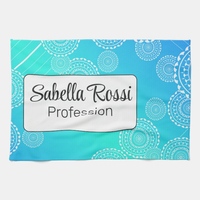 White Mandala auf Aqua Blue Blended Rainbow White Geschirrtuch (Horizontal)