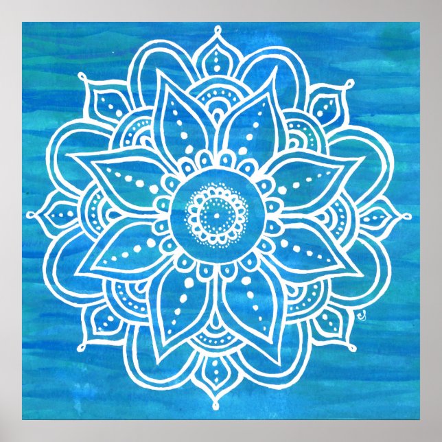 White Mandala Watercolor Blue Green Waves Poster (Vorne)