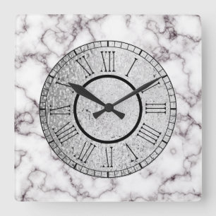 White Marble and Gray w/ Silver and Roman Numerals Quadratische Wanduhr