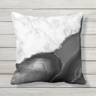 White Marble Black Agate Silver Glitter Kissen