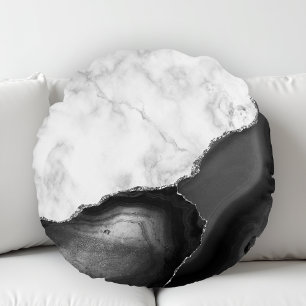 White Marble Black Agate Silver Glitter Rundes Kissen