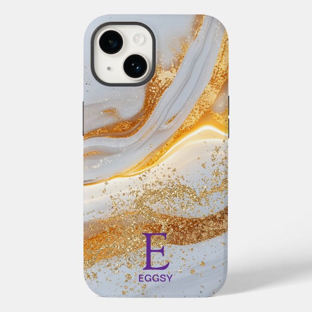 White marble chic gold glitter monogram Case-Mate iPhone 14 hülle (Rückseite)