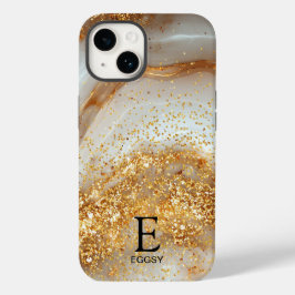 White marble chic gold glitter monogram Case-Mate iPhone 14 hülle