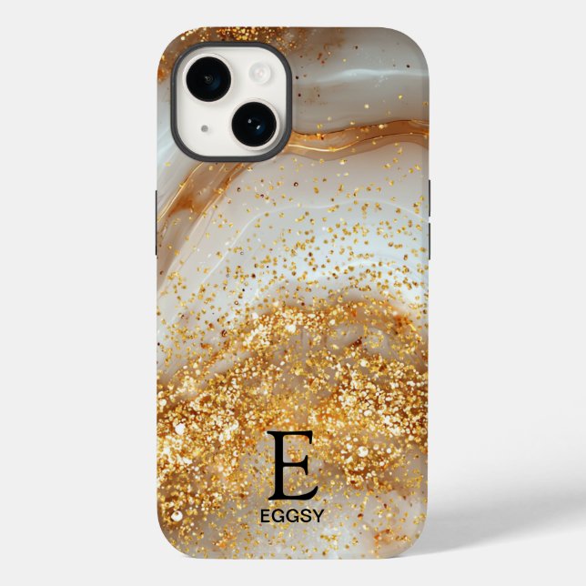 White marble chic gold glitter monogram Case-Mate iPhone 14 hülle (Rückseite)