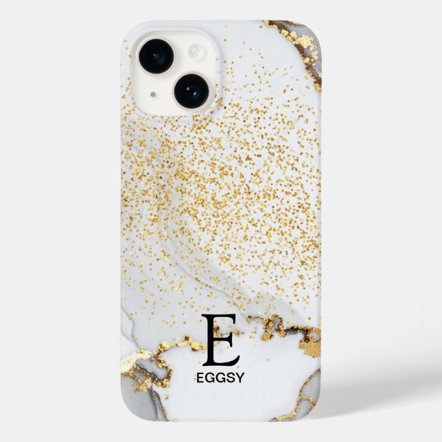 White marble chic gold glitter monogram Case-Mate iPhone 14 hülle (Rückseite)