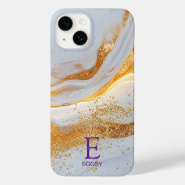 White marble chic gold glitter monogram Case-Mate iPhone 14 hülle
