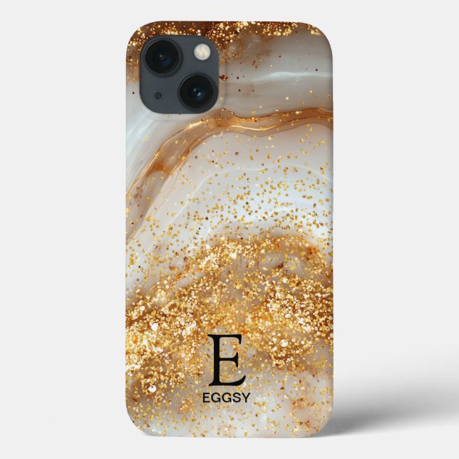 White marble chic gold glitter monogram Case-Mate iPhone hülle (Rückseite)