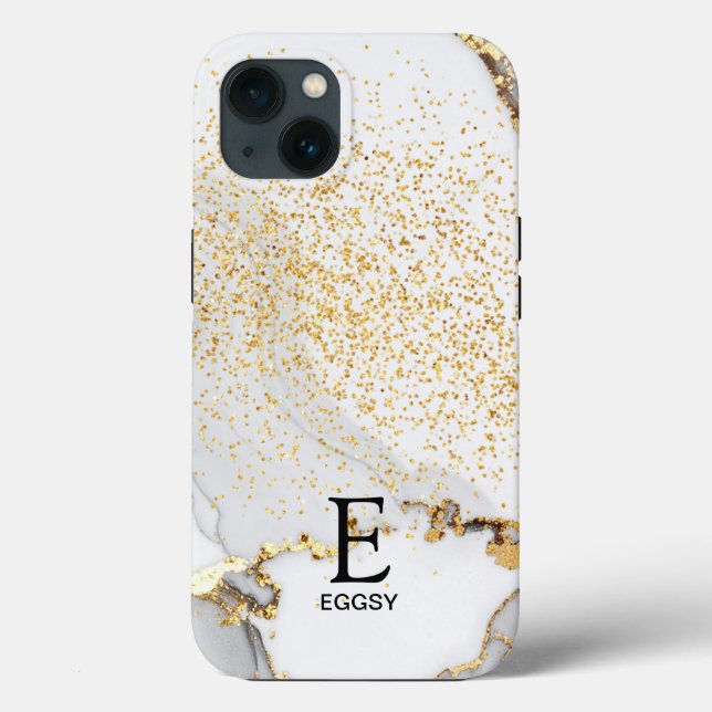 White marble chic gold glitter monogram Case-Mate iPhone hülle (Rückseite)