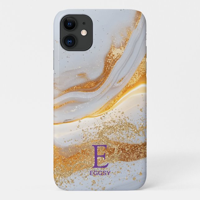 White marble chic gold glitter monogram Case-Mate iPhone hülle (Rückseite)