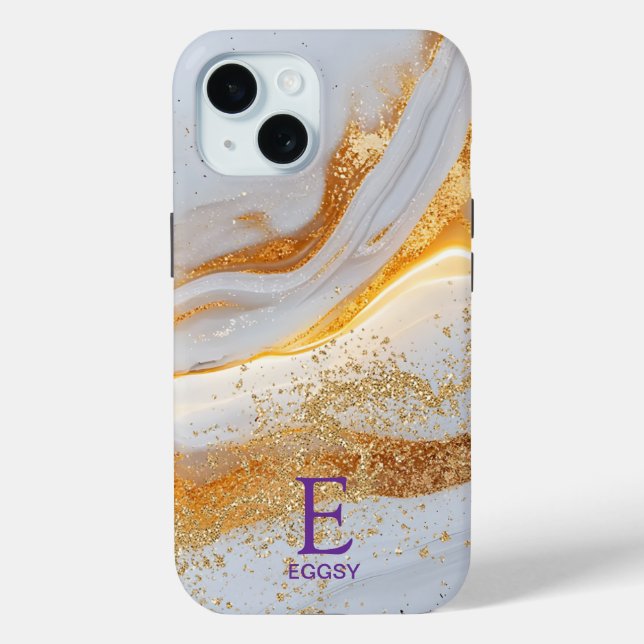 White marble chic gold glitter monogram Case-Mate iPhone hülle (Rückseite)
