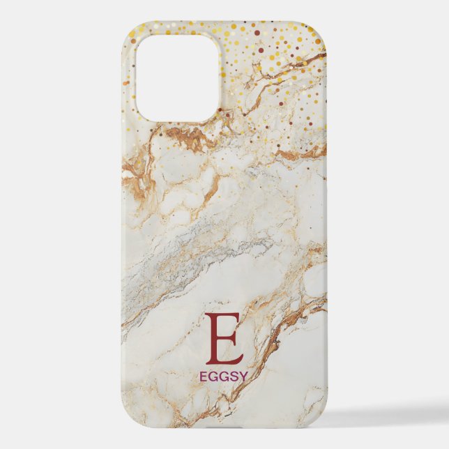 White marble chic gold glitter monogram iPhone 12 hülle (Rückseite)