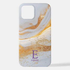 White marble chic gold glitter monogram iPhone 12 hülle