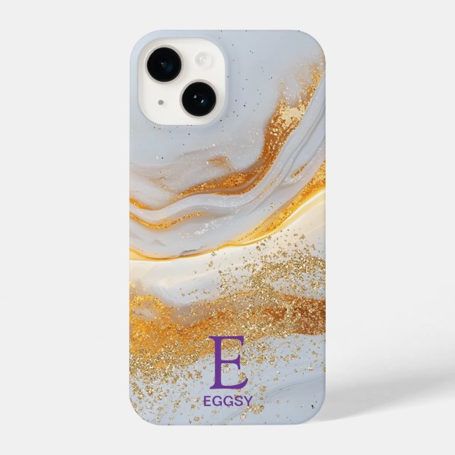 White marble chic gold glitter monogram iPhone 14 hülle (Rückseite)