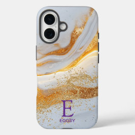 White marble chic gold glitter monogram iPhone 16 hülle