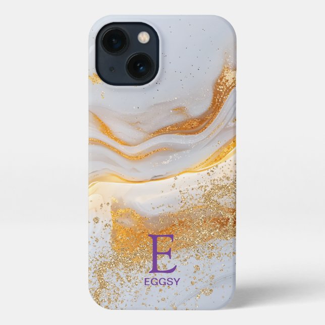 White marble chic gold glitter monogram iPhone hülle (Rückseite)