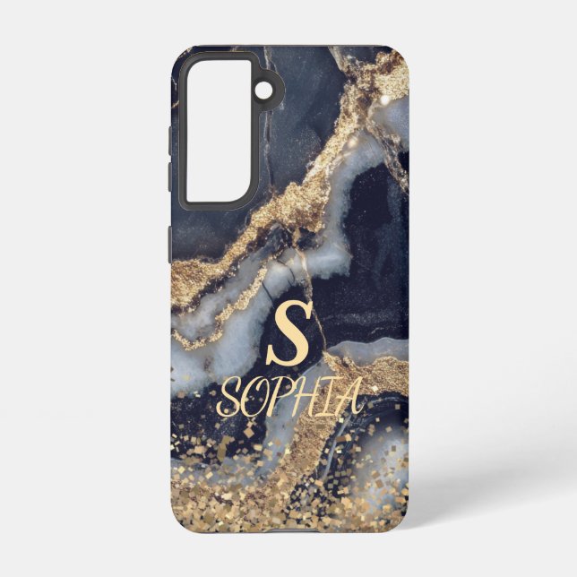 white marble chic gold glitter monogram samsung galaxy hülle (Rückseite)
