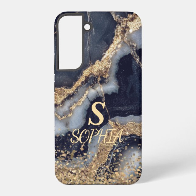 white marble chic gold glitter monogram samsung galaxy hülle (Rückseite)