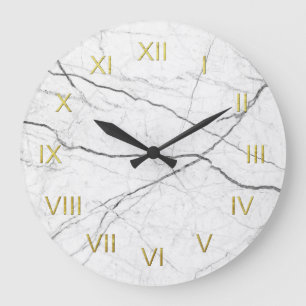 White Marble Depiction Wall Clock Gold Numerals Große Wanduhr