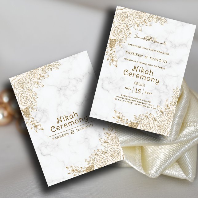 White Marble Floral Lace Islamische Nikah Wedd Einladung (Von Creator hochgeladen)