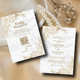 White Marble Floral Lace Islamische QR Hochzeit Einladung