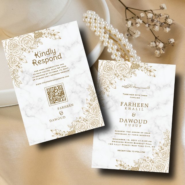 White Marble Floral Lace Islamische QR Hochzeit Einladung (Von Creator hochgeladen)