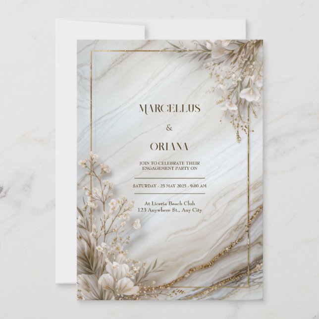 White Marble Gilded Botanical Wedding Einladung (Vorderseite)